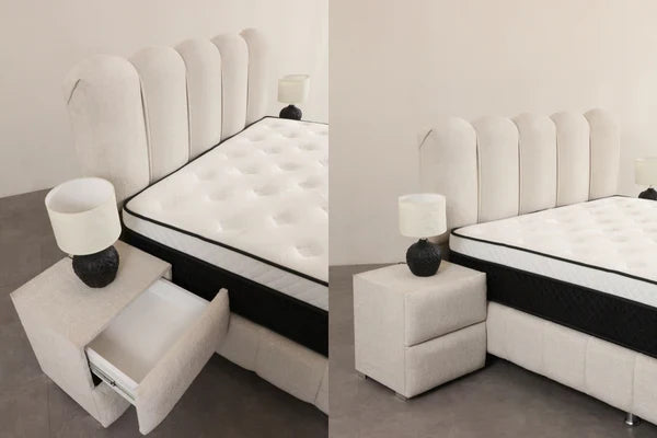 Lit coffre Eva en chenille blanc cassé avec rangement pratique