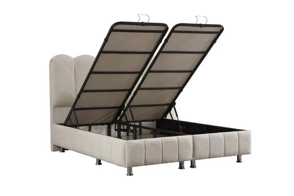 Lit coffre Eva en chenille blanc cassé avec rangement pratique