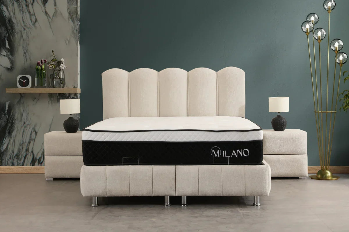 Lit coffre Eva en chenille blanc cassé avec rangement pratique