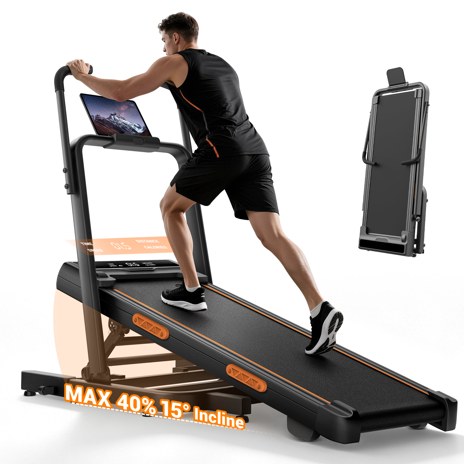 <tc>Umay SF20 Folding Treadmill with Three Larger Screens and Holder, 15% Incline and MAX 12 km/h (New Upgrade)</tc>