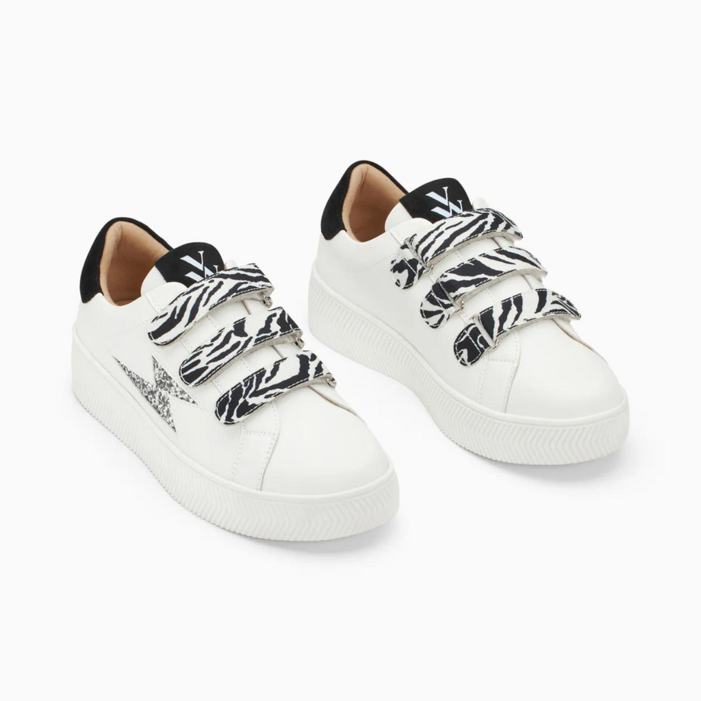 Baskets éclair Noura blanc et argent à scratchs zèbre