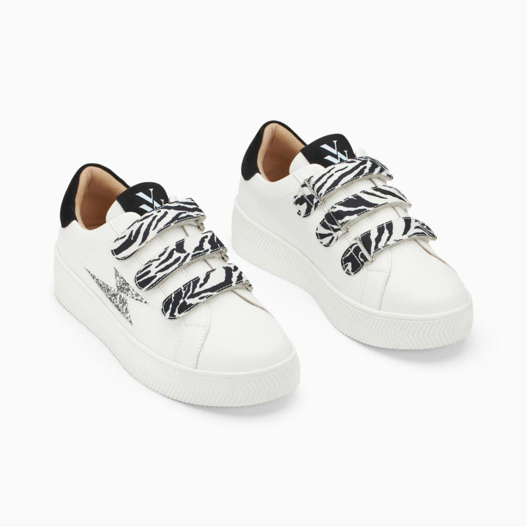 Baskets éclair Noura blanc et argent à scratchs zèbre
