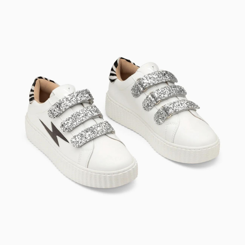 Baskets éclair Angela blanc et zèbre à scratchs argent