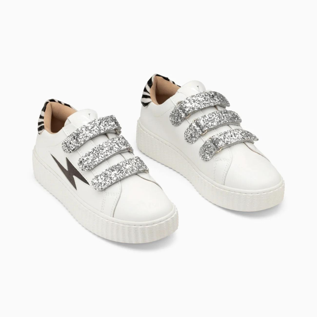 Baskets éclair Angela blanc et zèbre à scratchs argent