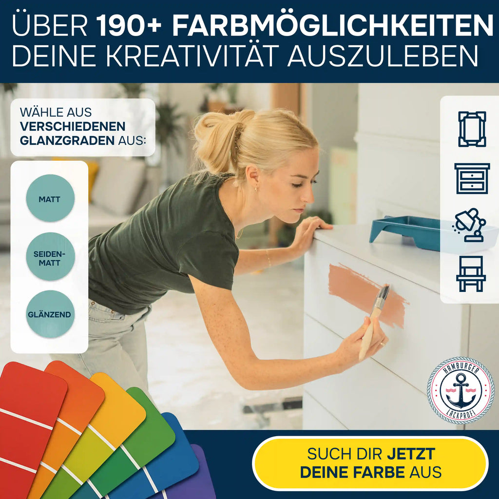 Möbelfarbe im Komplett-Set - Möbellack ohne Schleifen inkl. Farbroller & Verdünnung - Hamburger Lack-Profi