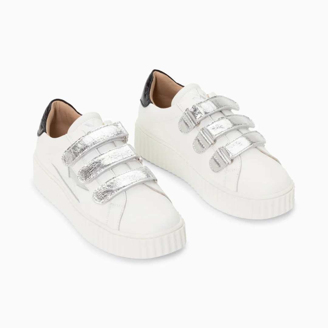 Baskets éclair Marilou blanc et argent à scratchs