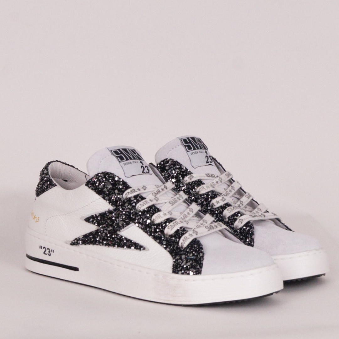 BASKETS MAYA BASSES GLITTER NOIR CUIR BLANC 10279