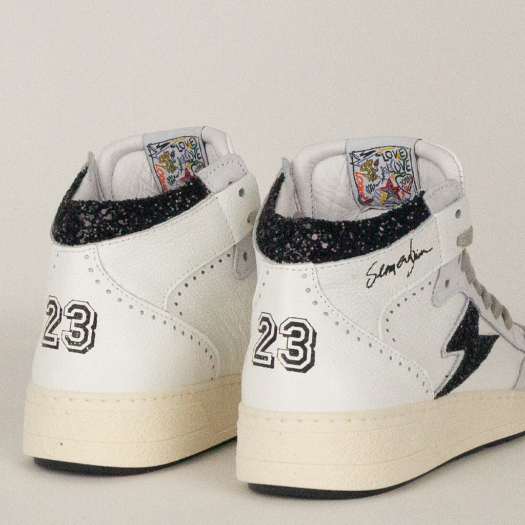 BASKETS BRAGA MONTANTES CUIR BLANC GLITTER NOIR 10092
