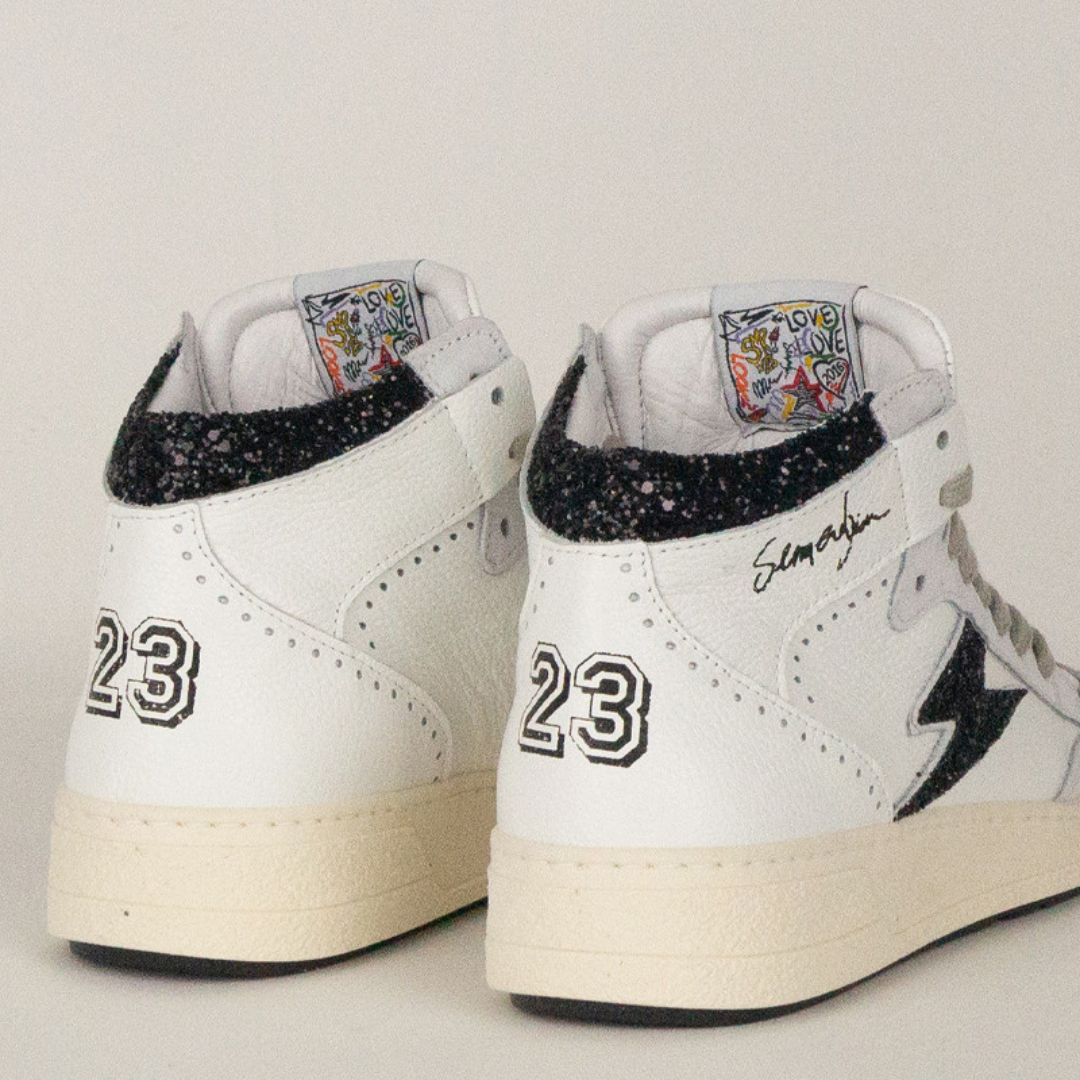 BASKETS BRAGA MONTANTES CUIR BLANC GLITTER NOIR 10092